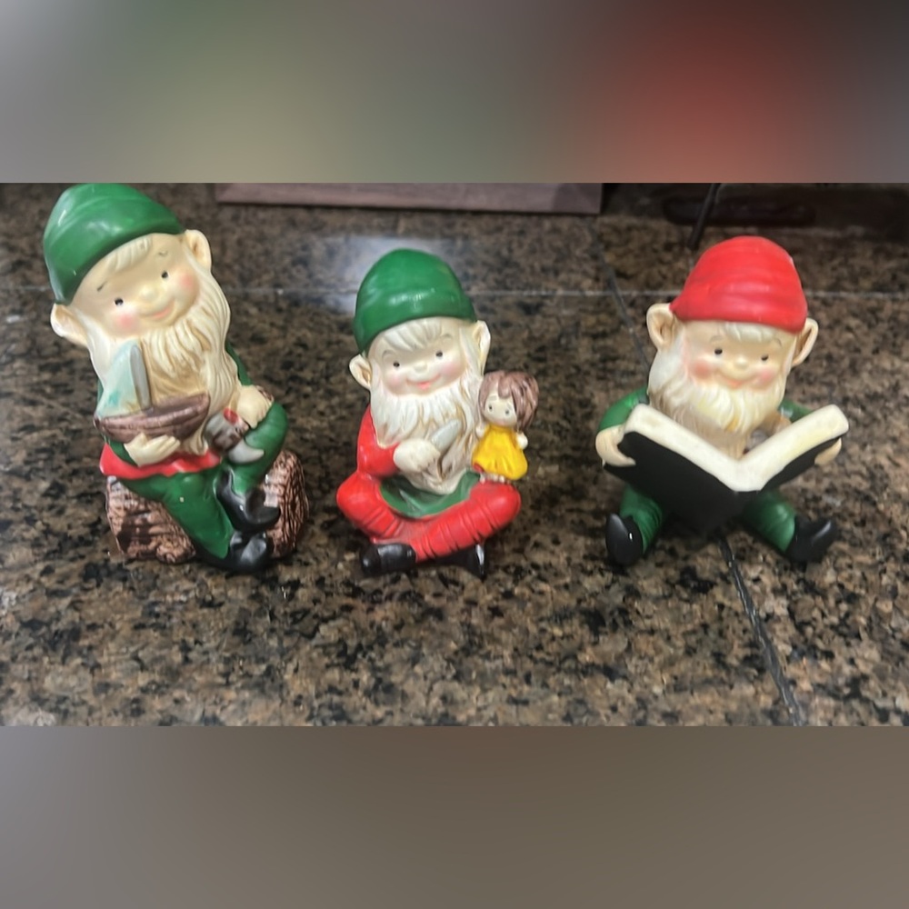 Vintage Festive Gnome/elves  Figurine Set - Red, Green, Brown